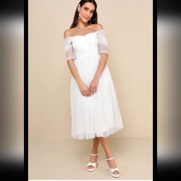 Lulus Dresses & Skirts - Lulus Heavenly Mood White Mesh Swiss Dot Off-the-Shoulder Midi Dress